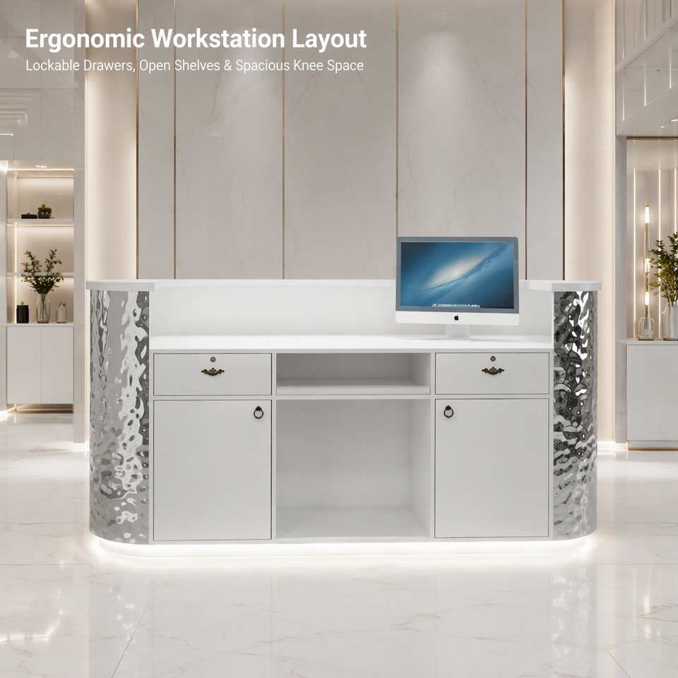 Material Count App Luxury Hammered Texture Metal Reception Counter Curved Shape LED Light ...