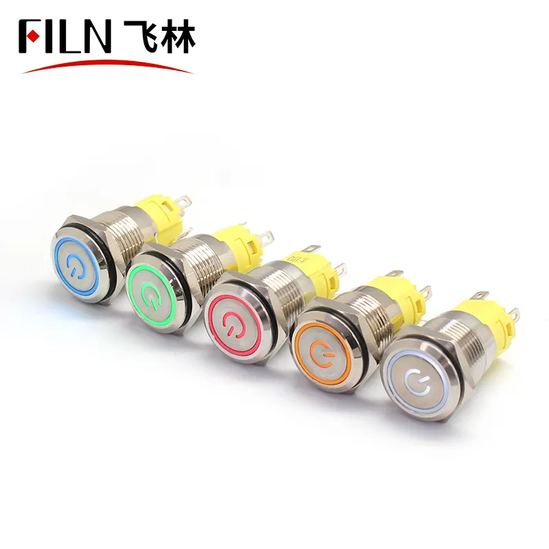 16mm Push Button Switch FILN 16MM 12v 220v Metal Switch Push Button Electrical Waterproof With Leading Power Symbol