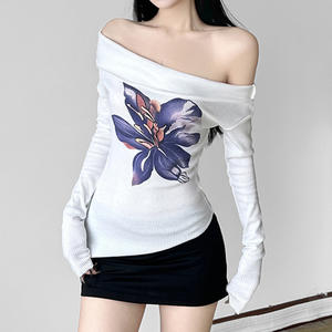 Camiseta de Manga Larga con Estampado Floral y Cuello Asimétrico, Ajuste Delgado, Elástica y Suave, Prenda Básica Informal para Primavera y Otoño para Mujer - Product Image 4