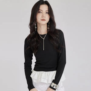 Camicie da donna in stile balletto a <span class=keywords><strong>maniche</strong></span> <span class=keywords><strong>lunghe</strong></span> con bottoni retrò in pizzo e camicette e top da donna in cotone nero - Product Image 1