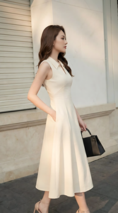 Robe midi d'été ivoire pour femme, sans manches, col chemise, élégante, taille ajustée, pour affaires, faible MOQ, vente en gros, prête à être expédiée - Product Image 3