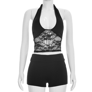 Viviblook J26ST192 Conjunto de verano para mujer, conjunto sexy sin mangas con cuello halter y encaje transparente, pantalones cortos de cintura alta, conjunto de 2 piezas - Product Image 6