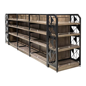 Présentoir en métal léger personnalisé avec cadre en acier, étagère d'épicerie avec panneau arrière plat en bois, étagère à vêtements de supermarché - Product Image 1