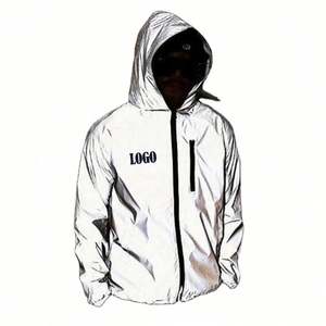 100% Polyester Coated Stand Collar <b>Reflective</b> Hood Zip OEM Custom Logo Wholesale 3M Windbreaker Mens Bomber <b>Jacket</b> - Product Image 1