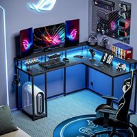 Bureau de jeu 55 pouces avec éclairage LED, surface en fibre de carbone noire, support moniteur intégré amélioré