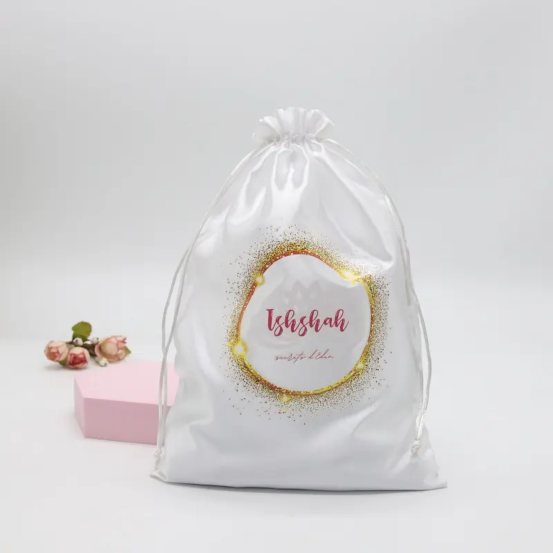 Grosir Tas Tali Debu Satin Sutra Putih dengan Logo Kustom Dompet Pakaian Renang Wig Tas Kemasan