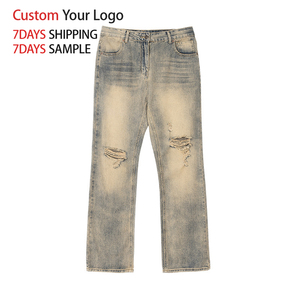 Jeans en denim vintage déchirés et délavés pour hommes, coupe ample, taille mi-haute, style streetwear décontracté, qualité supérieure, vente en gros - Product Image 4