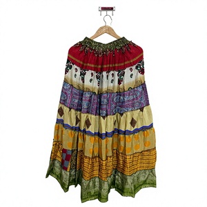Boho Patchwork Silk <b>Skirt</b>, Women Handmade <b>Skirt</b>, Indian Silk Maxi Tiered <b>Skirt</b>, <b>Elastic</b> <b>Waist</b> <b>Skirt</b>, Sari Silk <b>Skirt</b> - Product Image 1