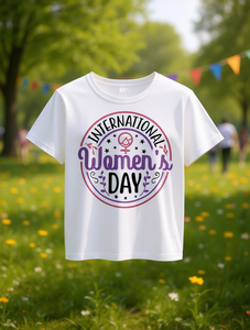 T-shirt casual bianca da donna a maniche corte con stampa grafica per la Giornata Internazionale della Donna, girocollo, vestibilità comoda, 100% cotone - Product Image 2