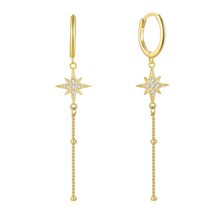 Pendientes de Aro Modernos con Borla Larga de Plata de Ley S925 con Estrella de Ocho Puntas para Mujer - Product Image 1