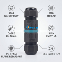 Connecteur de câble étanche DREAM M20 IP68 à 3 broches, à insertion par pénétration, sans vis, pour bande LED extérieure