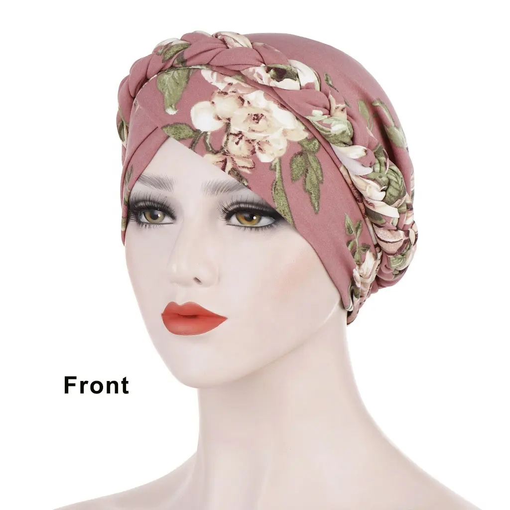 Knotted Turban Flower Print StainHead Wrap Silky Turban for Women Hairband