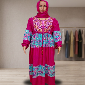 Vestido Jalabiya Islámico de Manga Larga con Estampado, Hecho a Mano, con Cuello Bordado y Detalle de Perlas, Talla Grande, con Hiyab a Juego - Product Image 3