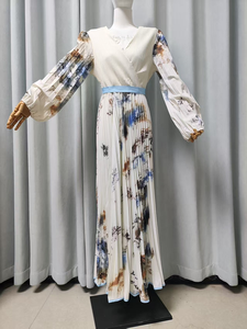 Robe longue plissée sur mesure, col en V, manches lanternes, imprimé floral, taille empire, robe de mariage, robe de vacances, <span class=keywords><strong>prix</strong></span> d'usine - Product Image 3