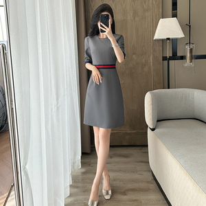 Mid Sleeve Women's Career Dress Grey O Neck A Line Midi Skirt Woven Fabric Comfortable Work Uniform - Product Image 3