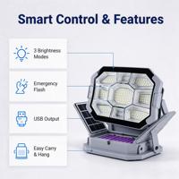 Lampe de travail solaire super lumineuse 200W, à intensité variable en continu, panneau solaire pliable, lampe d'urgence portable pour le camping en extérieur