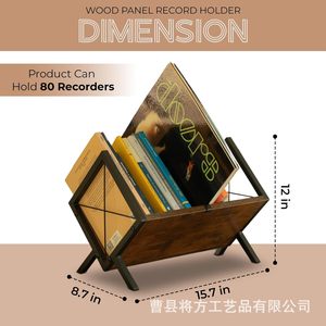 Retro-colored wooden <b>record</b> <b>stand</b>, desktop vinyl CD storage rack, European and American style wrought iron file holder, - Product Image 2