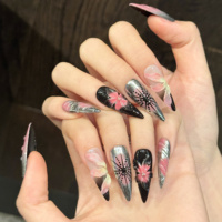 Ongles à presser longs et pointus, faits main, en gel 3D, motif floral, poudre chromée argentée rose, de haute qualité, modèle K57
