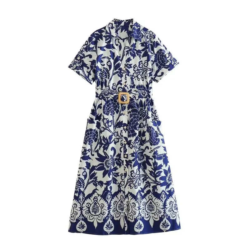 TAOP&ZA 2023 new women's clothing foreign style fashion retro print waist shirt skirt midi dress women wholesale 3401243