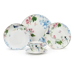 Chinese Flower Bone China Dinnerware Set Porcelain Dinner Plate and Dishes Italian Style Produced with Cup Kit