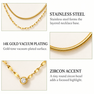 Collar de Zirconia de Doble Capa en Oro, Acero Inoxidable, Chapado al Vacío en Oro de 14K, Cadena Mixta de 40+5cm - Product Image 3