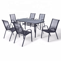 Table à manger rectangulaire et noire, meuble d'extérieur, Table en verre avec dossier haut, 7 pièces