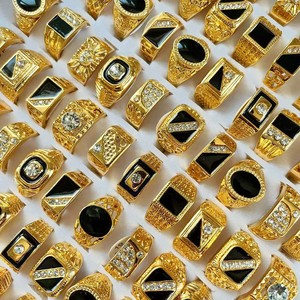 Nhẫn nam thời trang bán buôn mạ vàng hình học đính đá giả kim cương, kiểu dáng dày, hợp kim, đá CZ cắt Princess, phong cách tự nhiên, dành cho đám cưới - Product Image 1