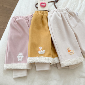Girls Winter Fleece <b>Lined</b> <b>Pants</b> Solid Color Cotton With Duck Patch For Baby Casual Wear - Product Image 2