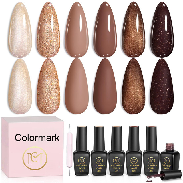 Gel Nail Polish Set Brownie 6 Colors Light Dark Brown Pearl Shimmering Gel Soak Off UV LED Gel for Manicure DIY Home Gift