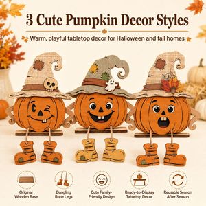 Decoración de mesa de madera de calabaza para Halloween, lindo cartel de Jack O'Lantern con sombrero de bruja y botas colgantes, adorno escalonado para el hogar con temática de cosecha otoñal - Product Image 4