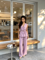 Vente en gros premium de l'ensemble femme haut de gamme 2026, best-seller estival, décontracté et élégant, avec gilet, ceinture et pantalon large