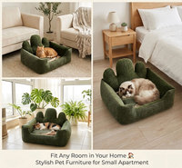 Canapé-lit pour animaux de compagnie en velours côtelé vert foncé, housse amovible, antidérapant, dossier en forme de cactus, pour chiens et chats, lavable, respirant, uni