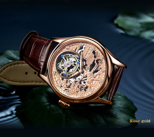 Montre automatique squelette de luxe pour homme avec mouvement tourbillon véritable, bracelet en cuir, montre-bracelet mécanique argentée - Product Image 1