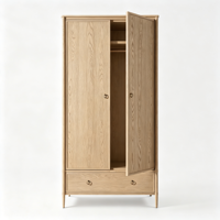 Armoire 2 portes en chêne massif avec tiroir, poignées anneaux en laiton, pieds coniques, style nordique minimaliste, rangement pour chambre à coucher, maison, appartement, hôtel