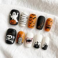 Faux ongles en acrylique à presser, courts, design carré, pour Halloween, peints à la main, motifs chauve-souris, fantôme, toile d'araignée, avec colle
