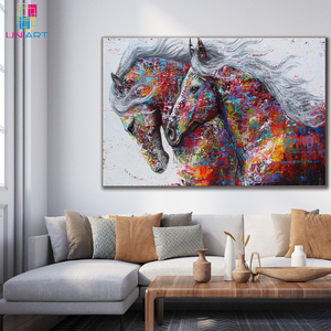 UNIART fatto a mano moderna pittura a olio astratta due cavalli che corrono arte della parete tela <span class=keywords><strong>con</strong></span> telaio di montaggio di animali astratti Graffiti - Product Image 5
