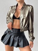 Veste de costume de danse hip pop pour femmes à col montant, blouson d'aviateur brillant en métal à longueur coupée avec fermeture éclair
