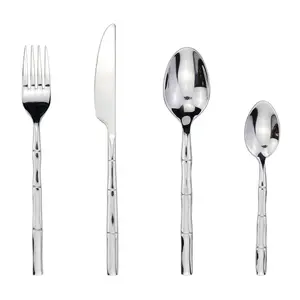 Bạc Set Flatware Set Thép Không Gỉ 4 Miếng Bạc Gương Hoàn Thành Với Mô Hình Tre Tay Giả Mạo Bộ Dao Kéo