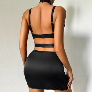 Set di 4 Pezzi di Lingerie Erotica Nera, Reggiseno a Corsetto con Ferretto e Scollo Profondo, Girocollo, Minigonna e Slip, Costume Intimo Sexy e Aderente - Product Image 6