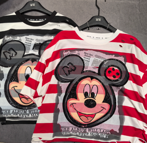 Custom Oversized Striped Cartoon <strong>Face</strong> <strong>T</strong> <strong>Shirt</strong> for Women Patchwork Sequin Cotton Short Sleeve Casual Streetwear Tee OEM ODM - Product Image 2