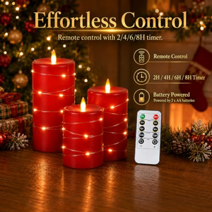 Battery Powered Pillar Real Wax Remote Control Timer 3d Flame Flickering Led <b>Candle</b> <b>Set</b> with Fairy Light for Christmas Decor - Product Image 2