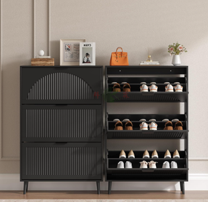 Meuble à chaussures en bois fin avec 3 tiroirs rabattables, design moderne à rainures, rangement étroit dissimulé pour couloir, entrée, salon - Product Image 2