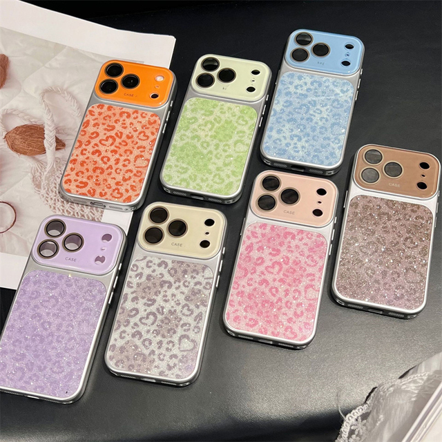 Luxury Bling Glitter Leopard Print Phone Case for iPhone 17 Pro Max 16 15 14 13 Large Window Lens Protector Shockproof Cover