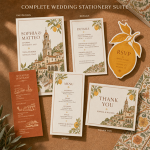 Juego de Invitaciones de Boda Estilo Costa Italiana Vintage, Ilustraciones de Pueblo y Limón, Itinerario Impreso Personalizado y Tarjetas RSVP con Formas Únicas - Product Image 3