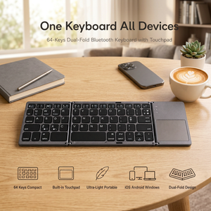 คีย์บอร์ด 60% รองรับหลายอุปกรณ์ พับได้สองทบ พร้อมทัชแพด พกพาสะดวก สำหรับ iOS Android Windows เหมาะสำหรับการเดินทาง น้ำหนักเบา - Product Image 1