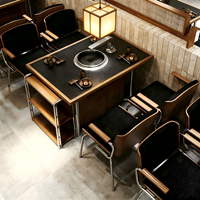 Ensemble de table de restaurant BBQ, table de barbecue sans fumée pour l'intérieur, structure en bois et métal, table de barbecue avec chaises pour restaurant de fondue