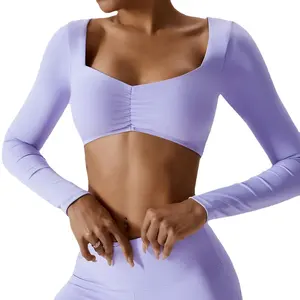 Donna primavera autunno stretto manica lunga con coppa yoga vestito grembiule sport all'aria aperta Pilates Tshirt Running nude fitness wear crop top