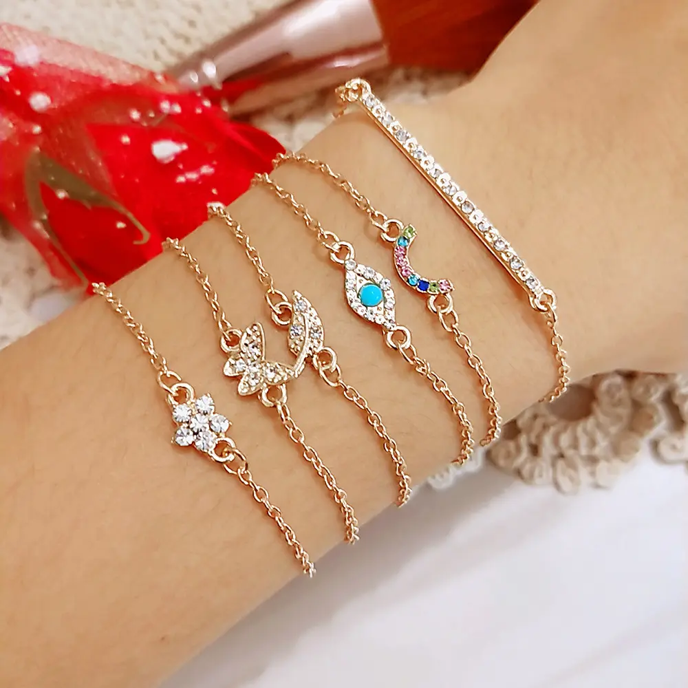 6 adet/takım moda Bohemian kristal Rhinestone kadınlar altın Charm bilezik lüks takı ay kelebek ayak bileği bilezik seti