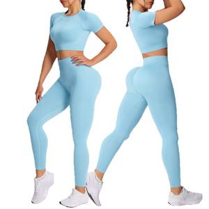 Conjunto de Yoga para Mujer, Cintura Alta, Cuello Redondo, Leggings Elásticos en Cuatro Direcciones, Top Corto de Manga Corta, Ropa Deportiva Azul - Product Image 5