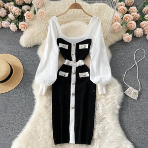 Robe <span class=keywords><strong>pull</strong></span> élégante à <span class=keywords><strong>col</strong></span> carré, couleur unie, patchwork, manches lanternes, taille haute, moulante, pour femmes, décontractée - Product Image 3